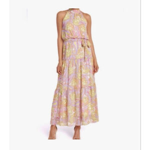 ASOS Retro Floral Halter Maxi Dress Pastel Belted Ruffle Hem Size 14